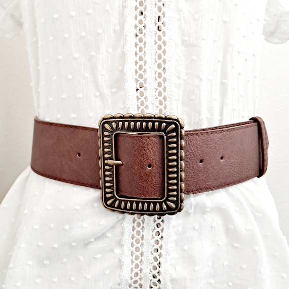 Boutique Accessories - Women's wide brown vegan leather boho chic vintage big bronze buckle waist belt